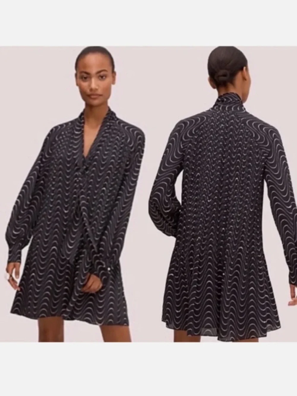 KATE SPADE Black Wavy Dot Pleated Chiffon Necktie long sleeve lined dress NWT